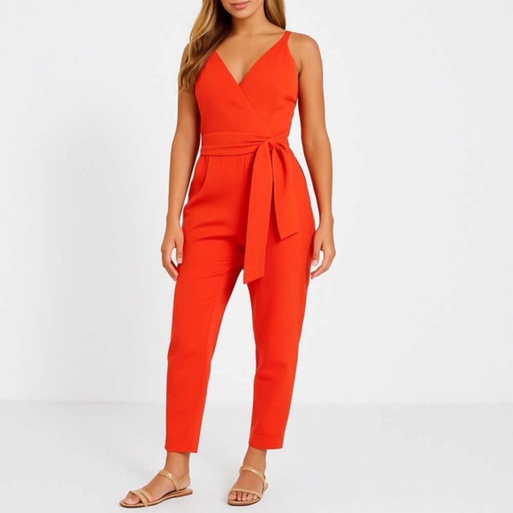 NWT ASOS Wrap Front Peg Leg Jumpsuit With Self Belt Tomato Red Size 8 US 12 UK